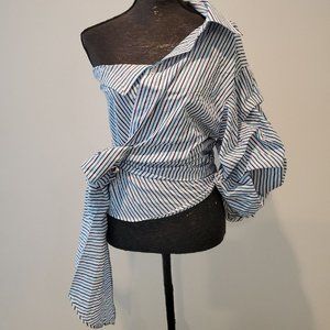 One Shoulder Wrap Top w/ Blue Stripes